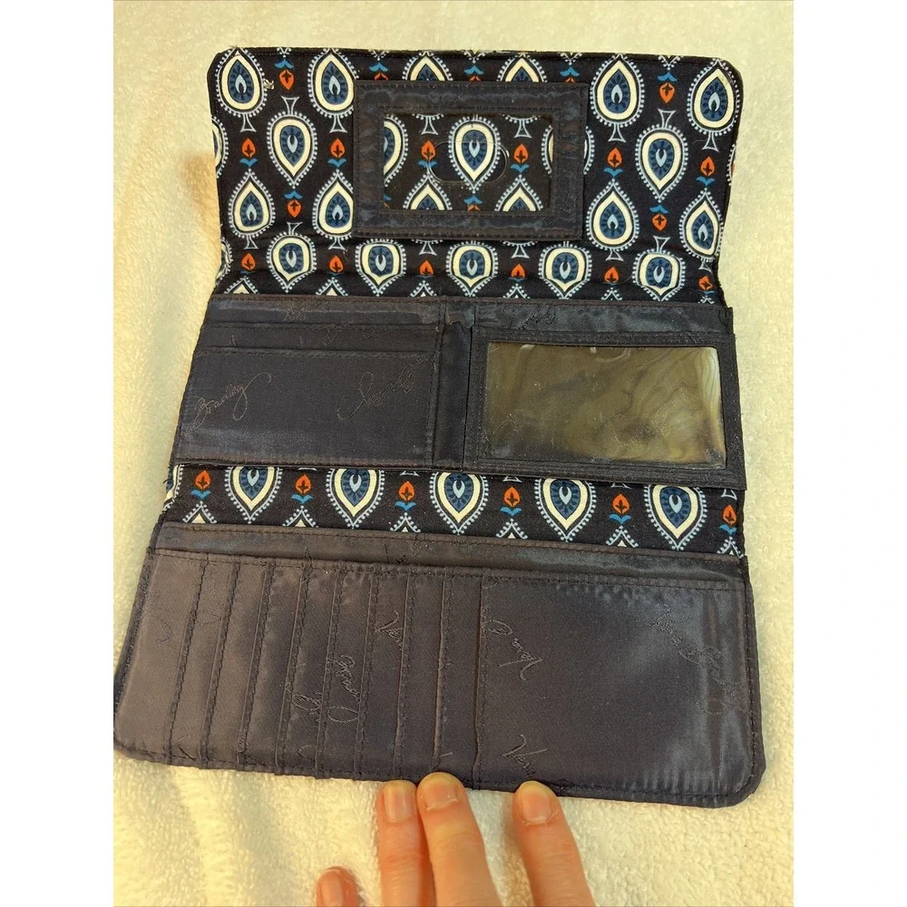 Vera Bradley Trifold Wallet Magnetic Closure Navy Light Blue And Orange Used - Picture 6 of 11